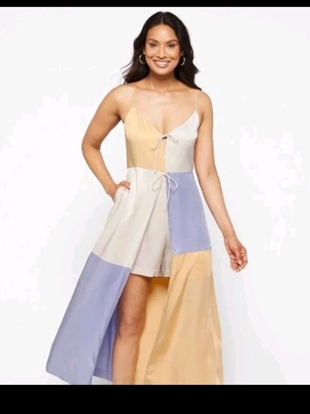 Rebecca Taylor Pastel Patchwork Maxi Romper Dress in Blue, Cream & Yellow